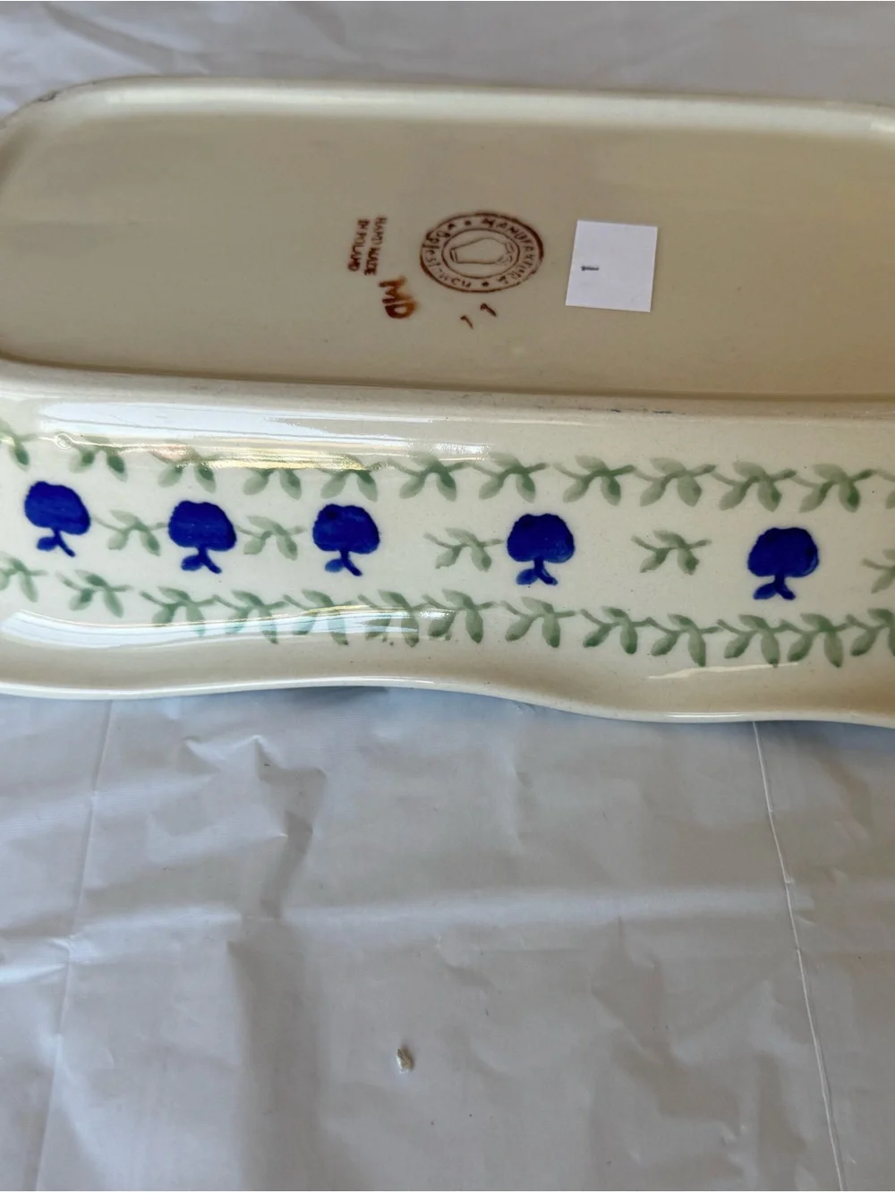 Vintage Polish Pottery Blue Apple Pattern Ceramic Serving Platter - White